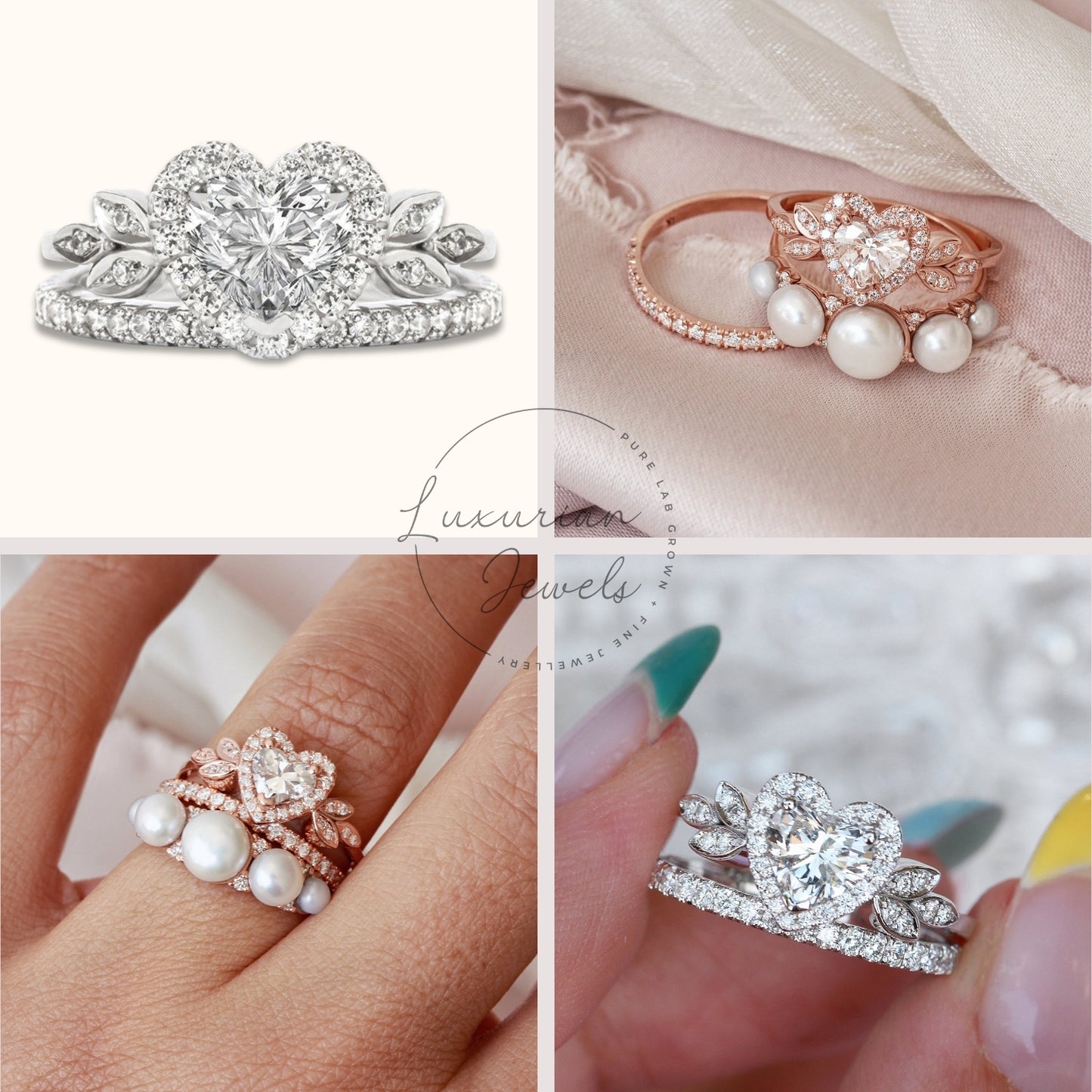 18K Heart Shape Leaf Style Bridal Ring Set