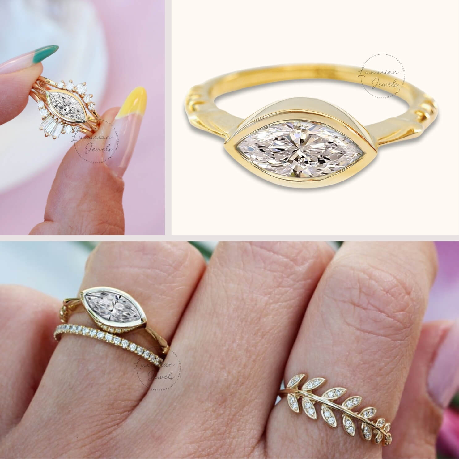 14K Pinched Bezel Set Marquise Cut Diamond Engagement Ring