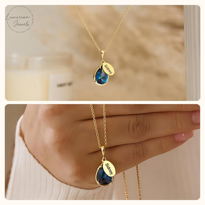 Pear Shape Birthstone With Engraved Name Necklace