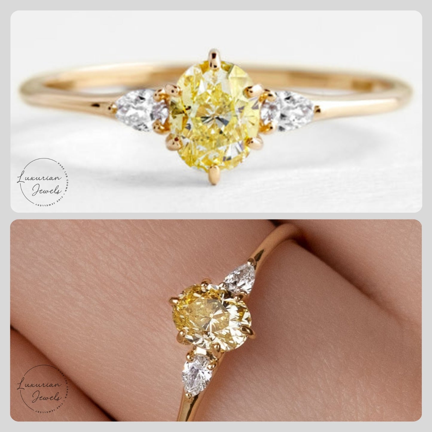 Fancy Yellow Oval Engagement Ring Three Stone Labgrown Diamond Ring
