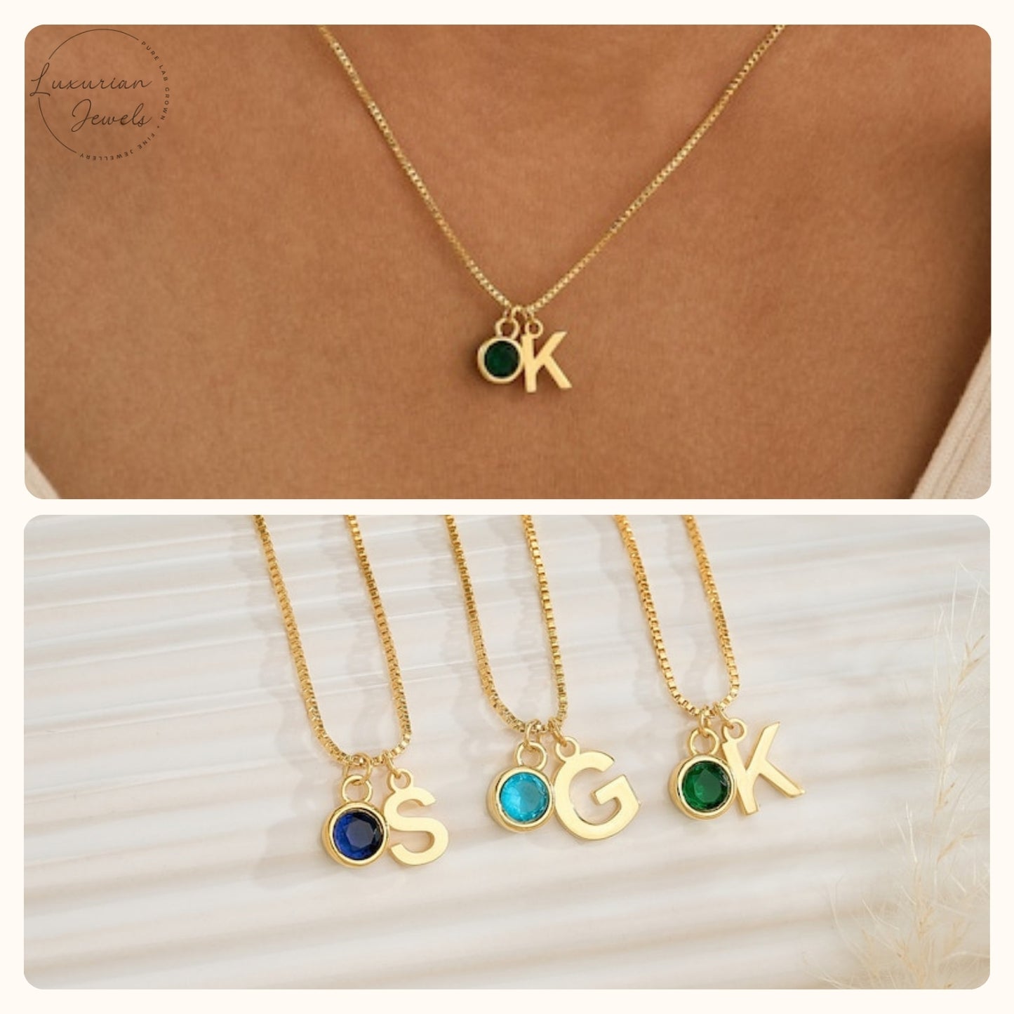 18K Gold Initial Birthstone With Box Chain Necklace