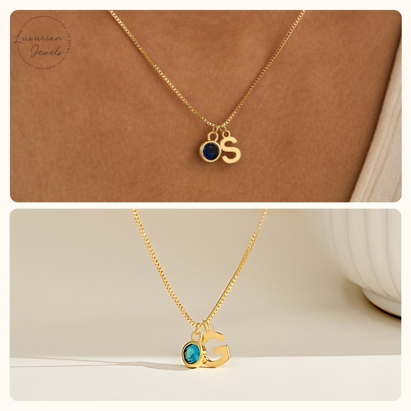 18K Gold Initial Birthstone With Box Chain Necklace