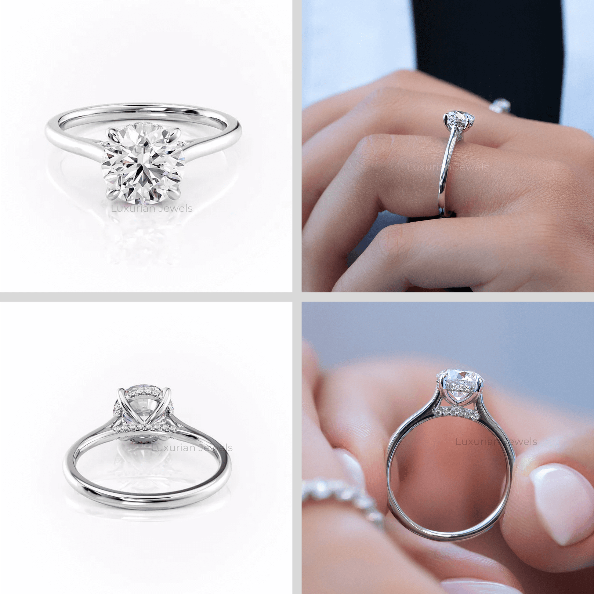 Round Cut Lab Grown Engagement Ring With Hidden Halo