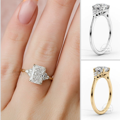 Radiant Cut Style Three Diamond Unique Ring