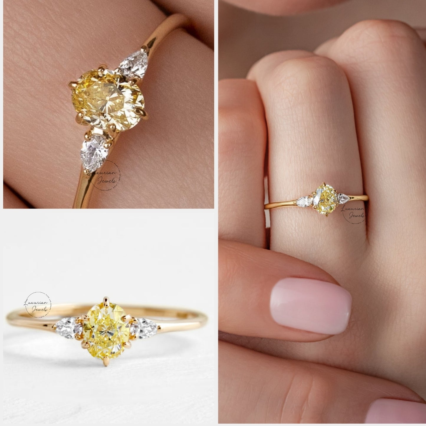 Fancy Yellow Oval Engagement Ring Three Stone Labgrown Diamond Ring