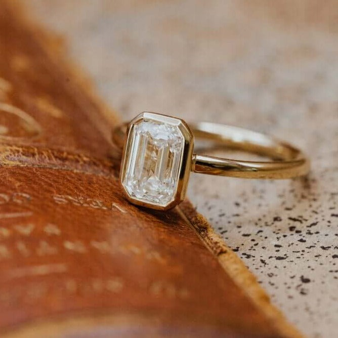 14K Emerald Cut Bezel Set Wedding Ring