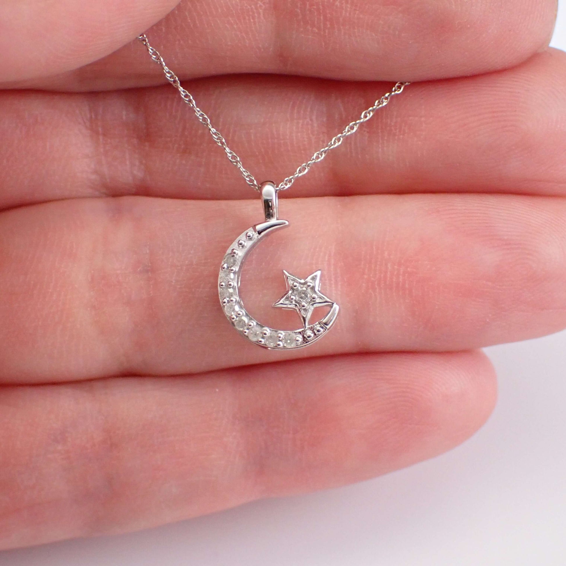 14K White Round Cut Crescent Moon Necklace