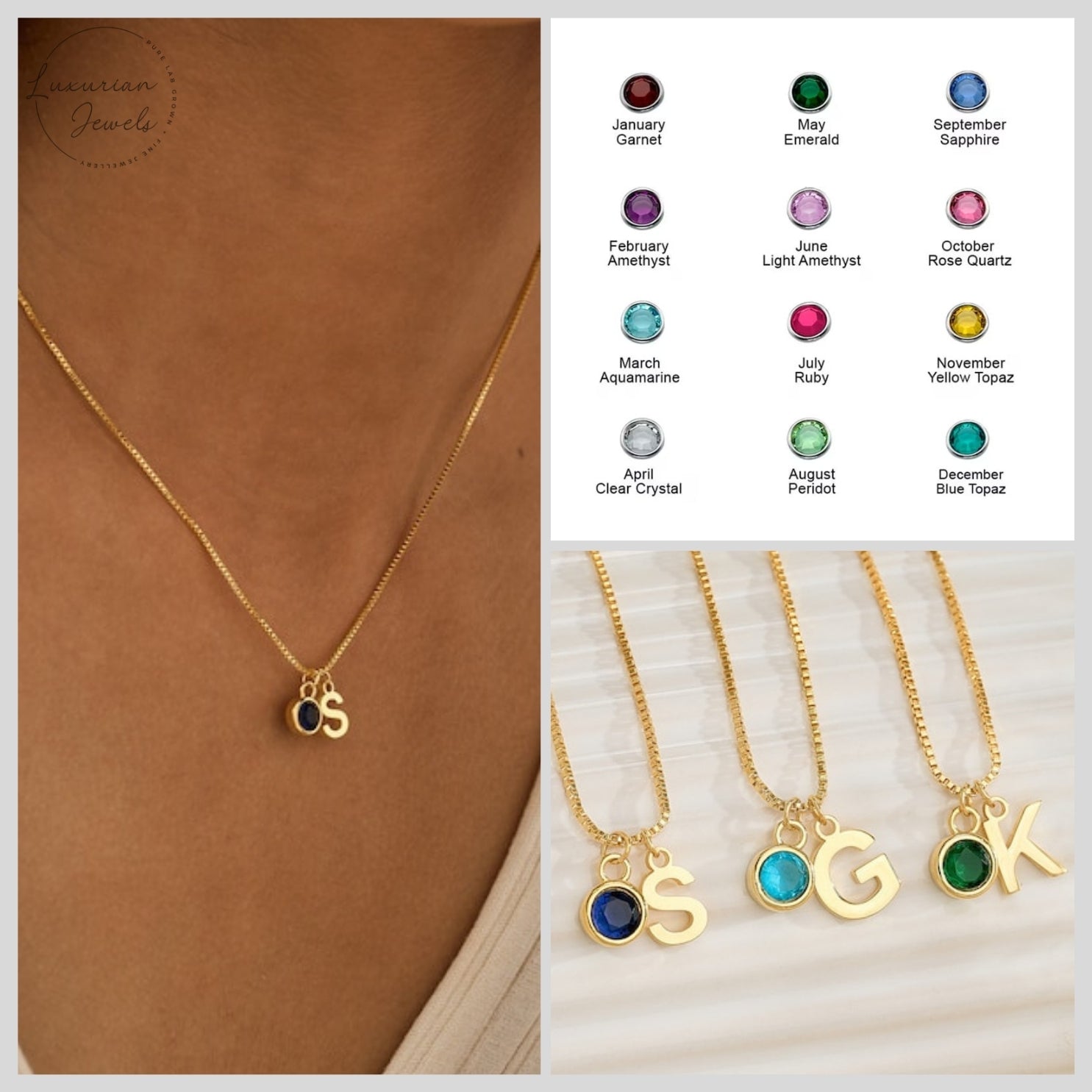 18K Gold Initial Birthstone With Box Chain Necklace