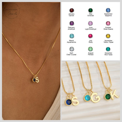 18K Gold Initial Birthstone With Box Chain Necklace