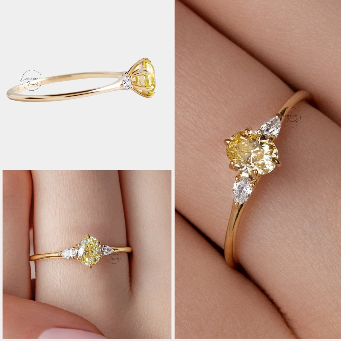 Fancy Yellow Oval Engagement Ring Three Stone Labgrown Diamond Ring