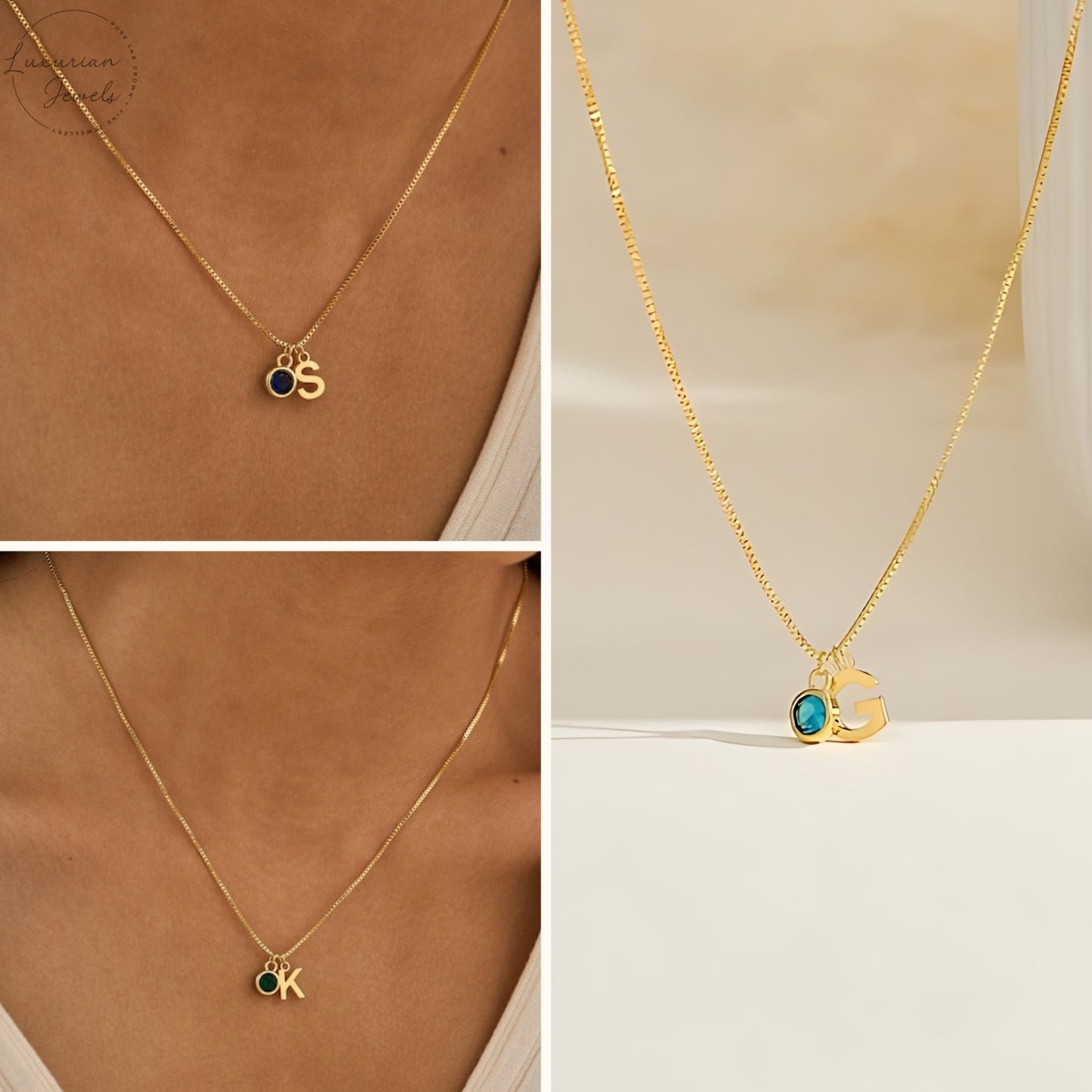 18K Gold Initial Birthstone With Box Chain Necklace