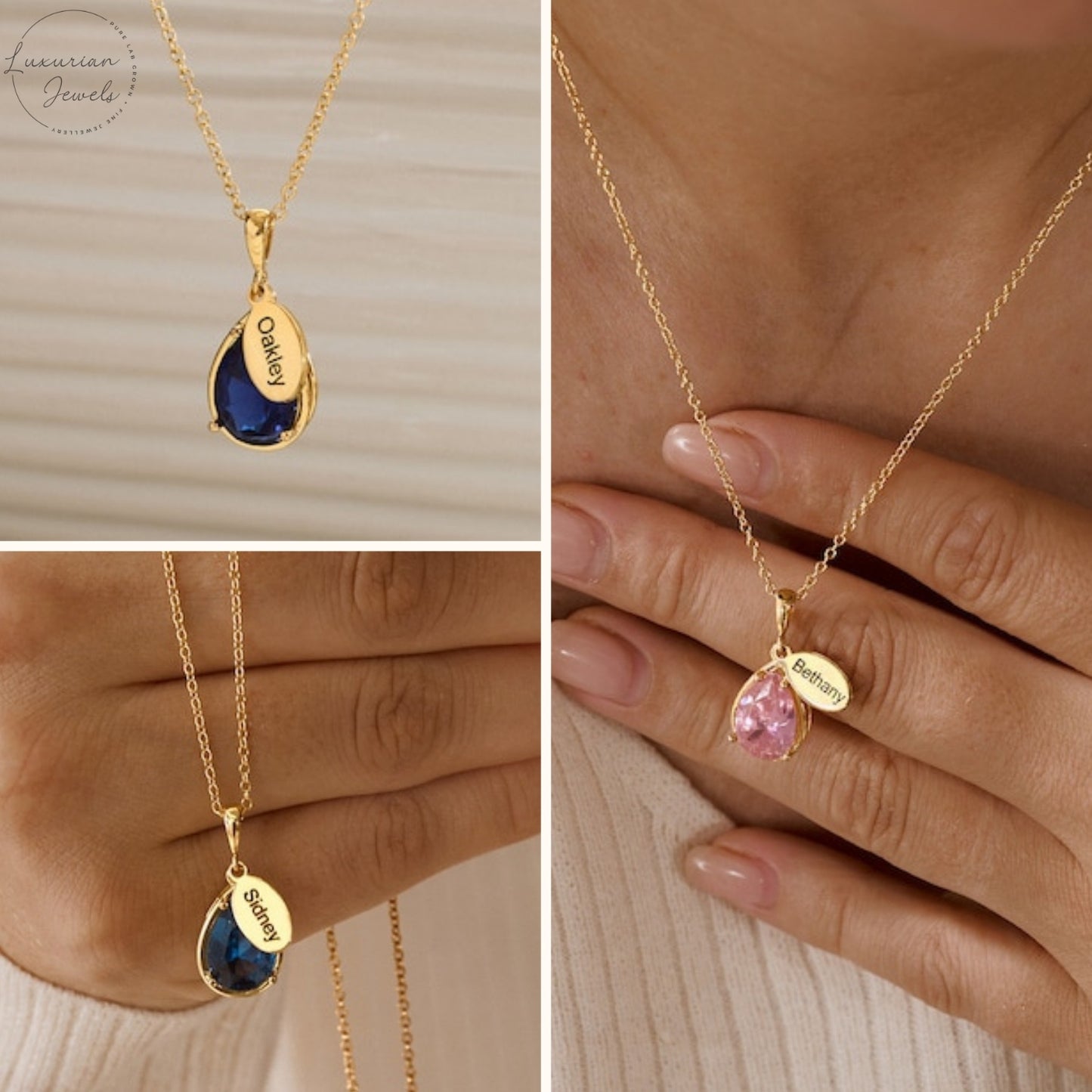 Pear Shape Birthstone With Engraved Name Necklace