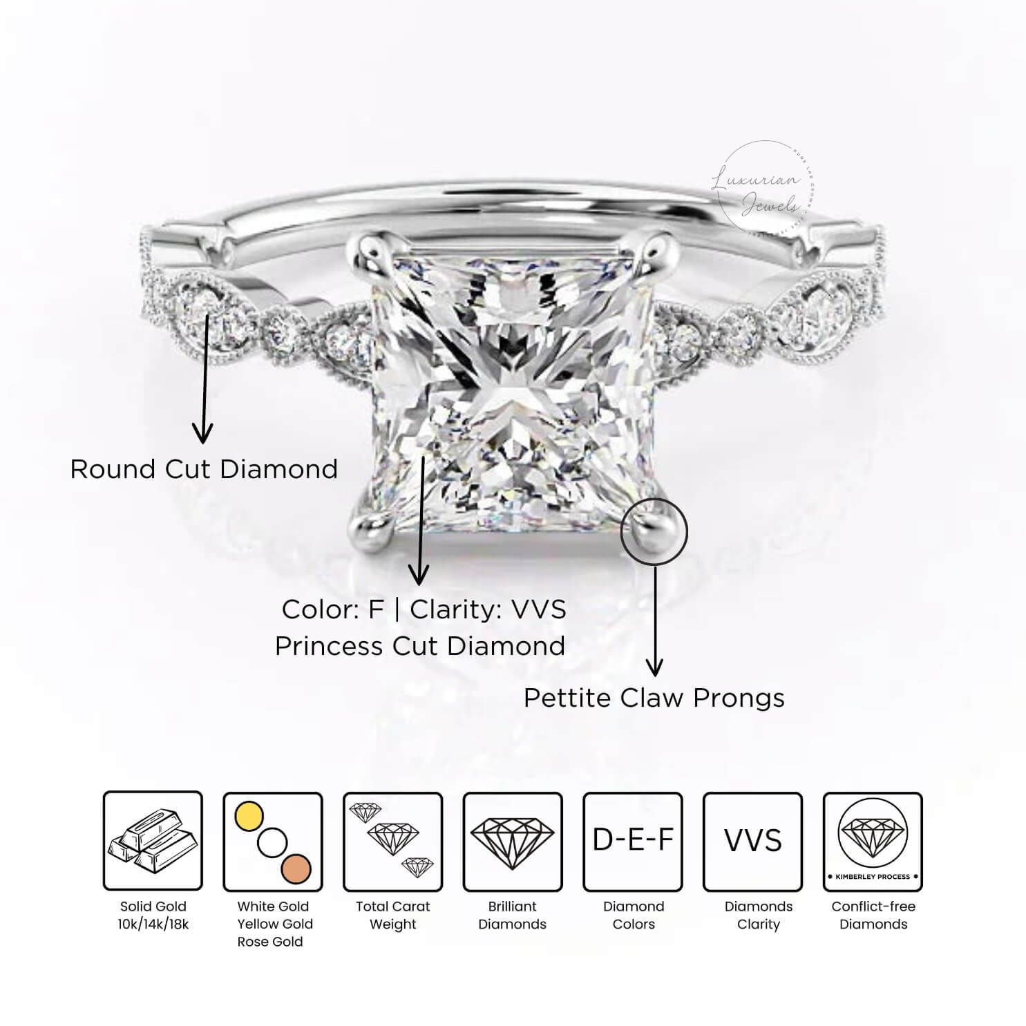 18k Princess Cut Solitaire Accent Engagement Ring