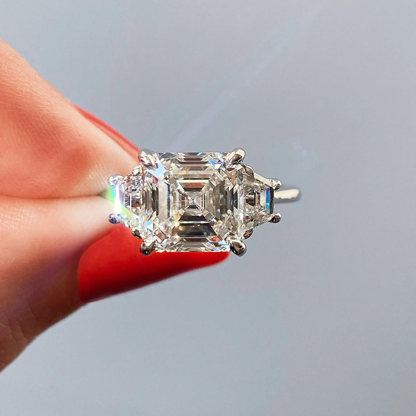 Asscher Cut Three Stone Lab Diamond Engagement Ring