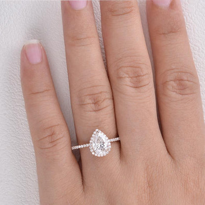 Three Prong Pear Cut  Halo Engagement Ring