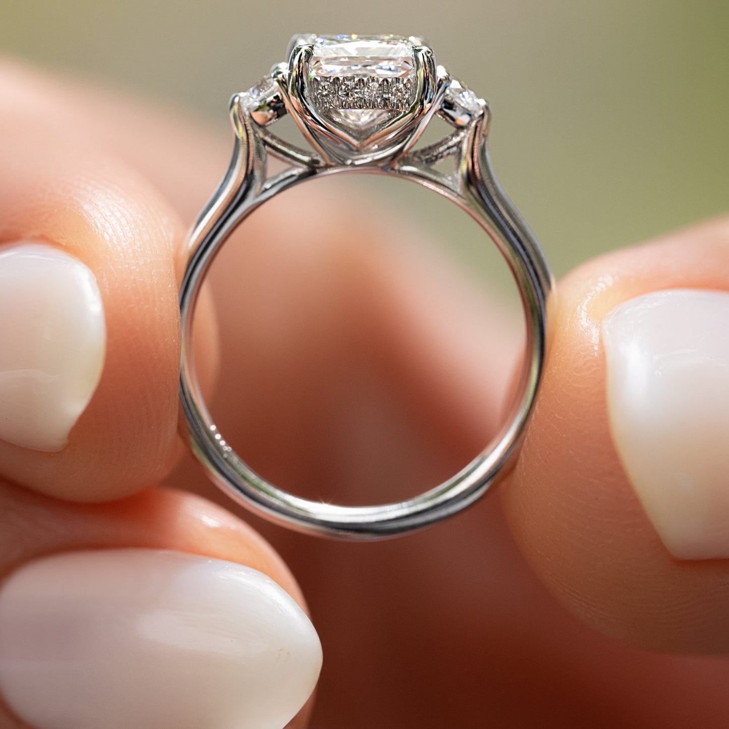 Princess Cut Hidden Halo Three Stone Ring