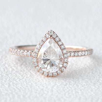 Three Prong Pear Cut  Halo Engagement Ring