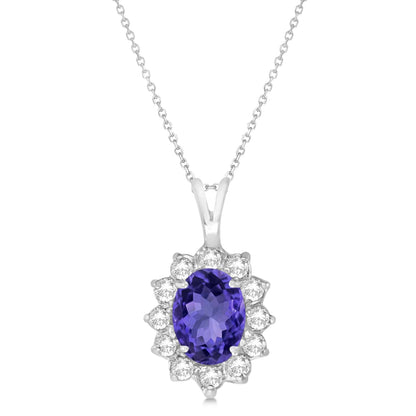 Oval Blue Sapphire Diamond Halo Necklace