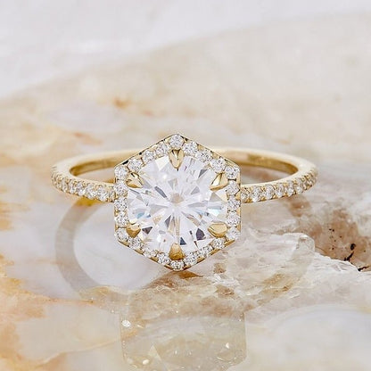 Hexagon Shape Round Cut Diamond Ring