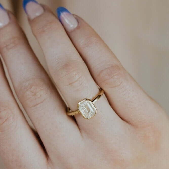 14K Yellow Gold Emerald Cut Bezel Set Wedding Ring