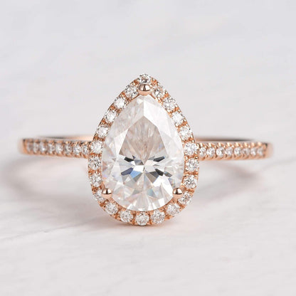 Three Prong Pear Cut  Halo Engagement Ring