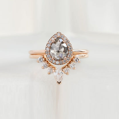 Salt And Pepper Pear Cut Halo Engagement Ring