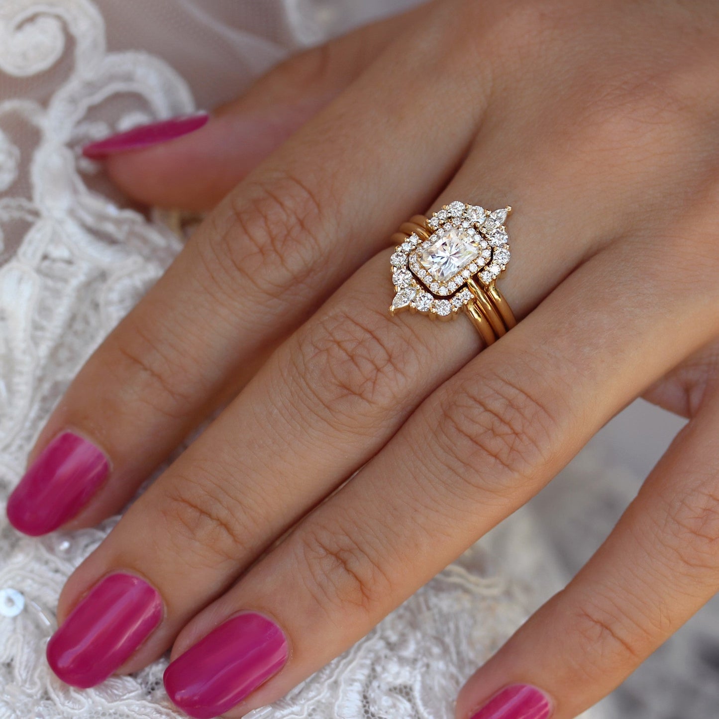 Radiant Cut Halo Eternity Bridal Engagement Ring