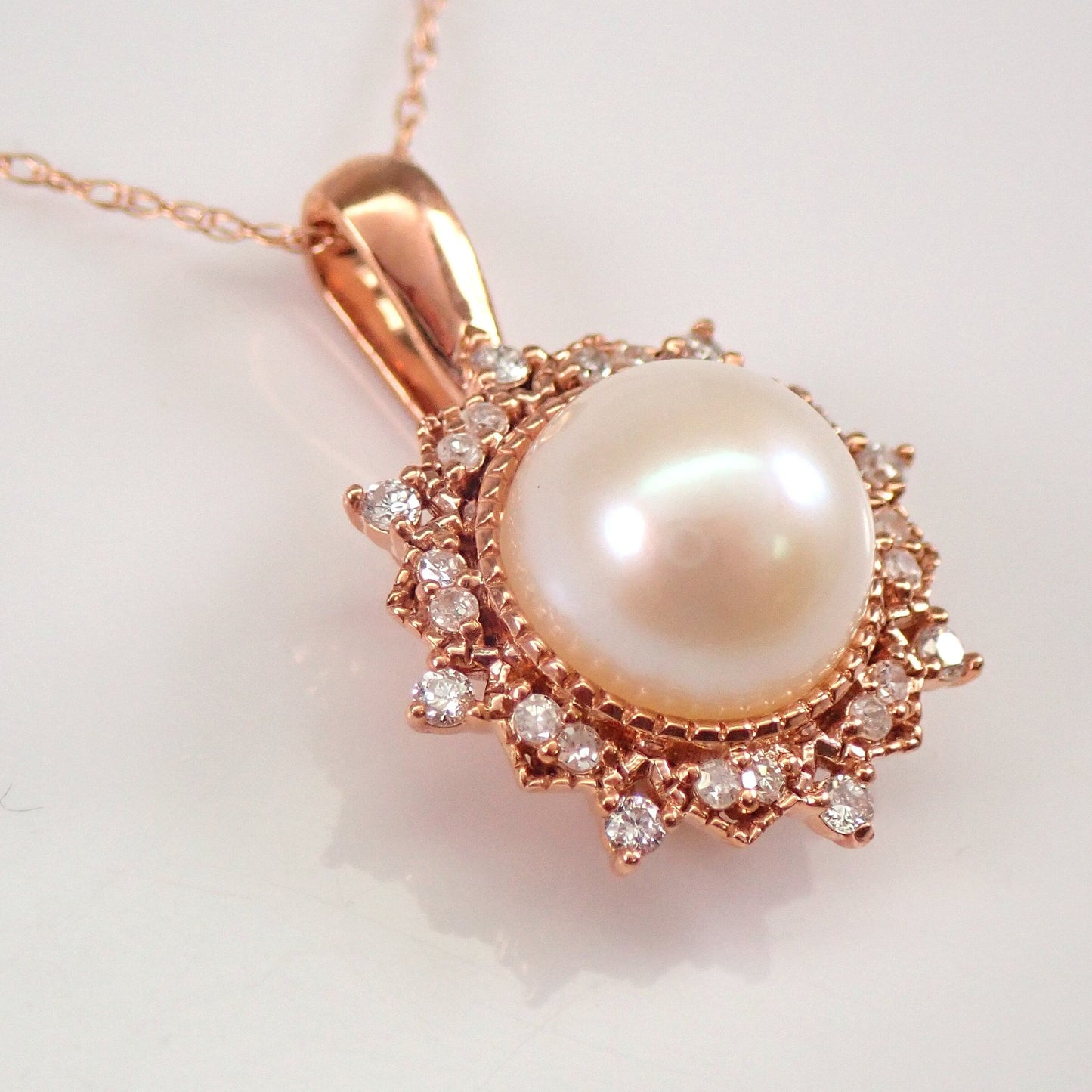 June Birthstone Pearl With Round Diamonds Necklace