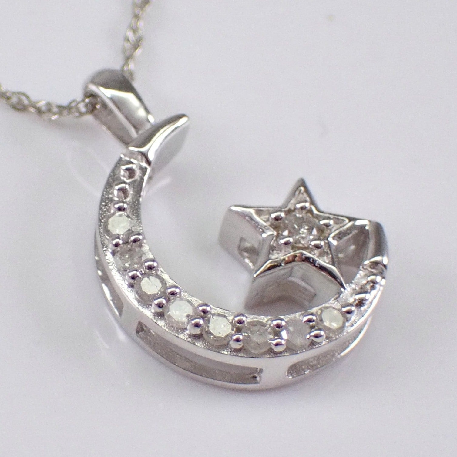 10K White Round Cut Crescent Moon Necklace