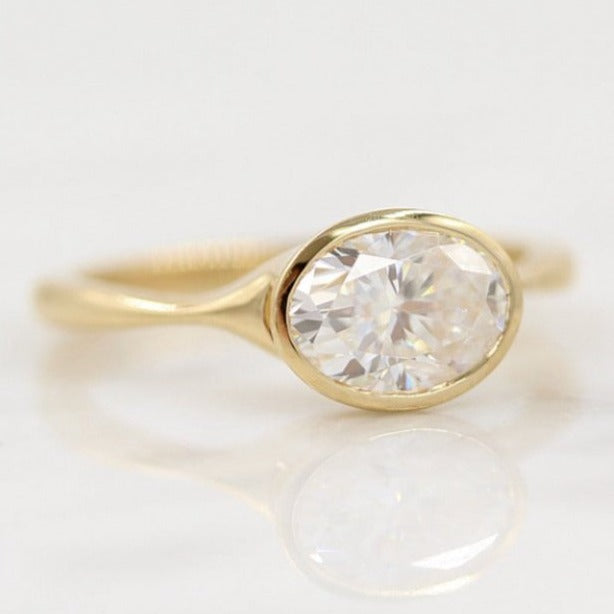 14K Solid Gold Oval Cut Bezel Set Diamond Ring