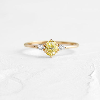 Fancy Yellow Oval Engagement Ring Three Stone Labgrown Diamond Ring