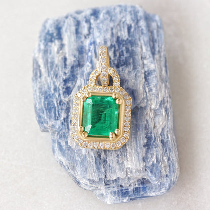 Emerald Cut Halo Birth Gemstone Diamond Necklace
