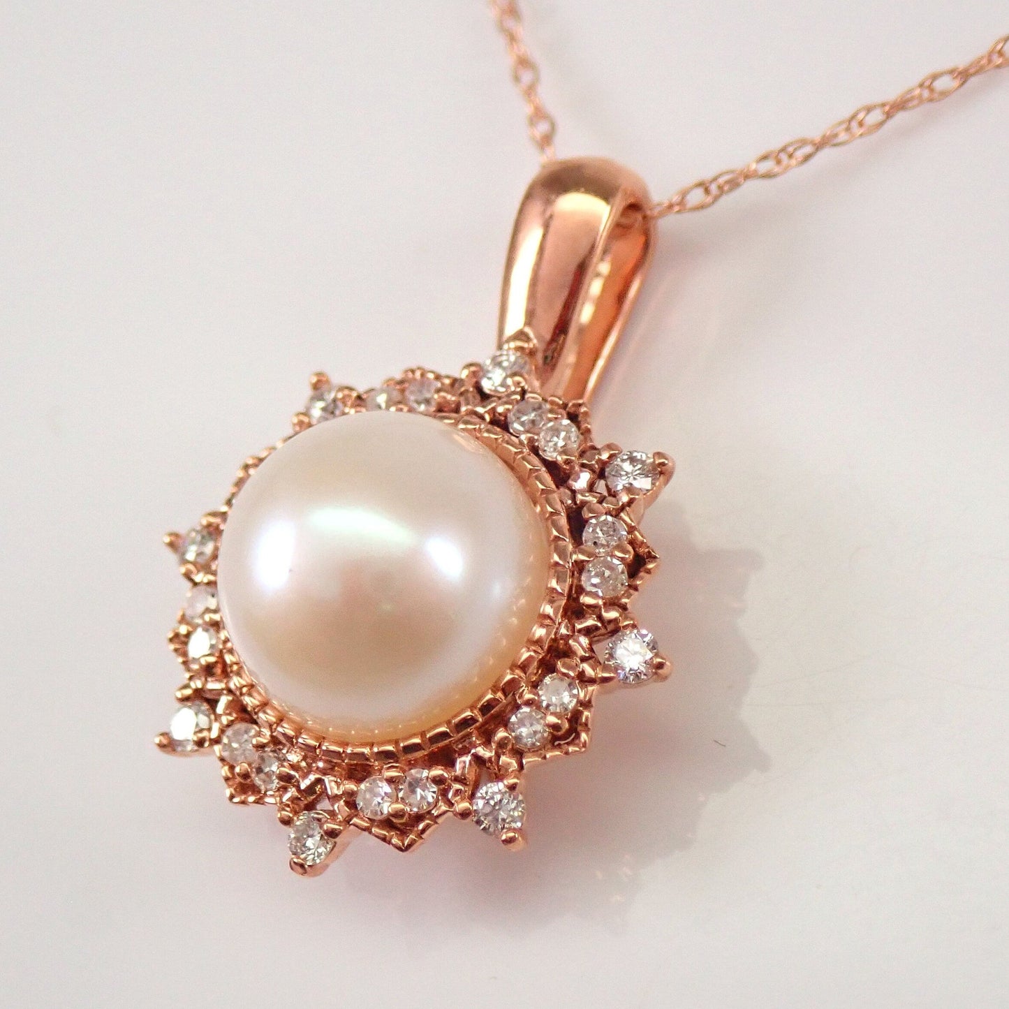 June Birthstone Pearl With Round Diamonds Necklace