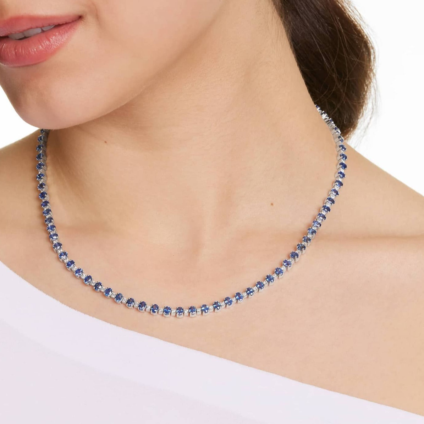 Vivid Blue Oval Cut Lab Grown Diamond Tennis Necklace