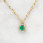 Emerald Cut Halo Birth Gemstone Diamond Necklace