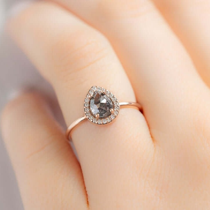 Salt And Pepper Pear Cut Halo Engagement Ring