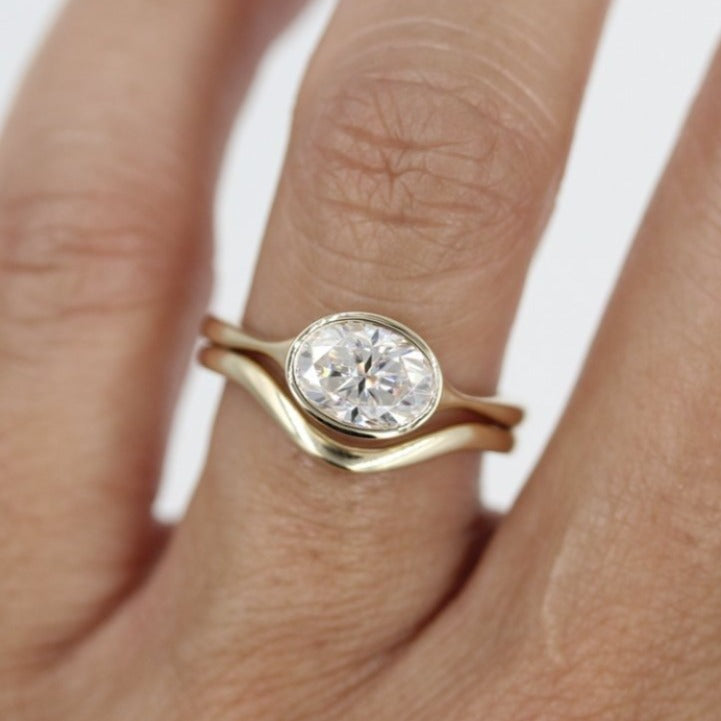 14K Solid Gold Oval Cut Bezel Set Diamond Ring