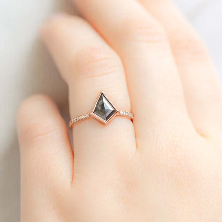 Rose Gold Kite Shape Black Diamond Salt And Pepper Diamond Ring