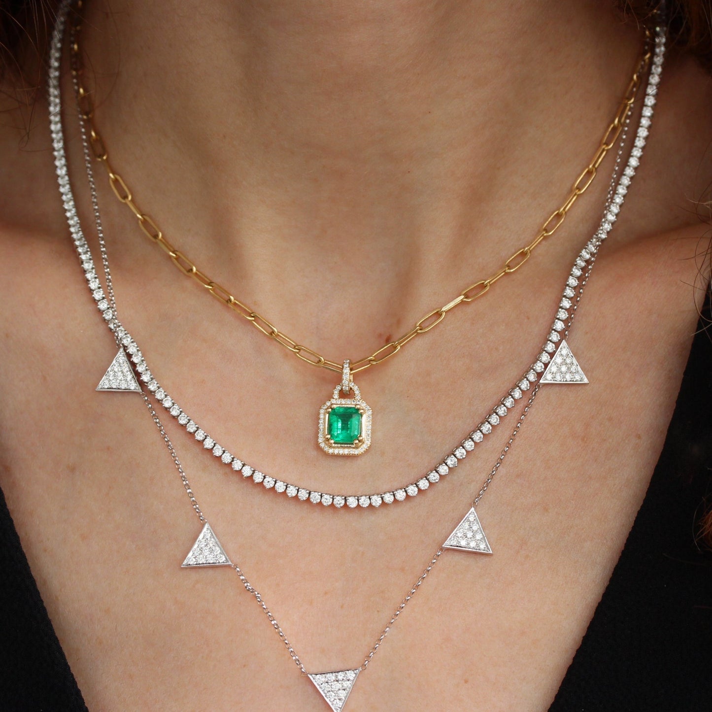 Emerald Cut Halo Birth Gemstone Diamond Necklace