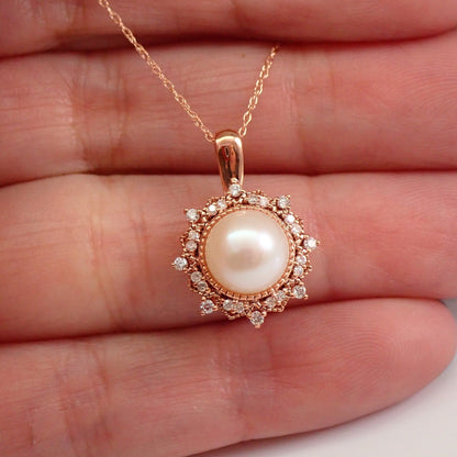 June Birthstone Pearl With Round Diamonds Necklace