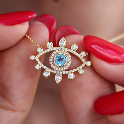 2.86 CT Blue Gemstone Large Evil Eye Necklace