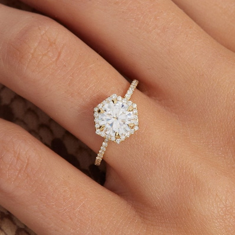 Hexagon Shape Round Cut Diamond Ring