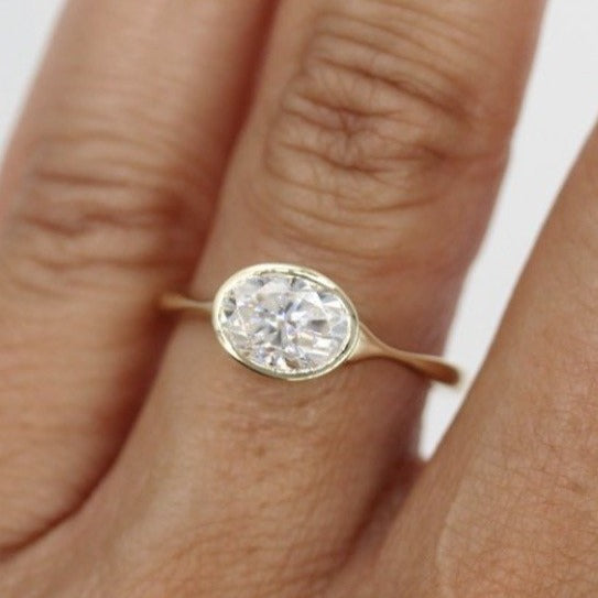 14K Solid Gold Oval Cut Bezel Set Diamond Ring