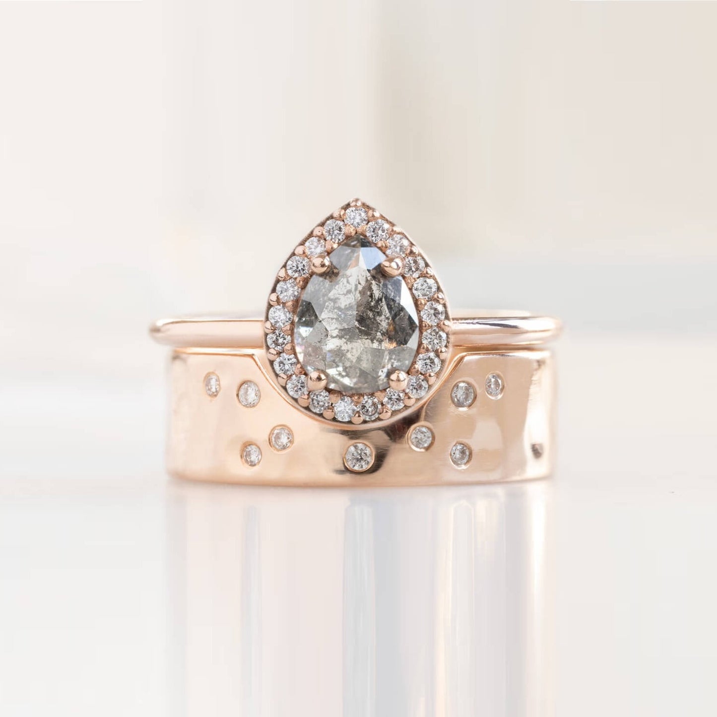 Salt And Pepper Pear Cut Halo Engagement Ring