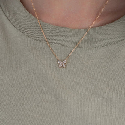 14k Gold Pave Diamond Butterfly Pendant Necklace