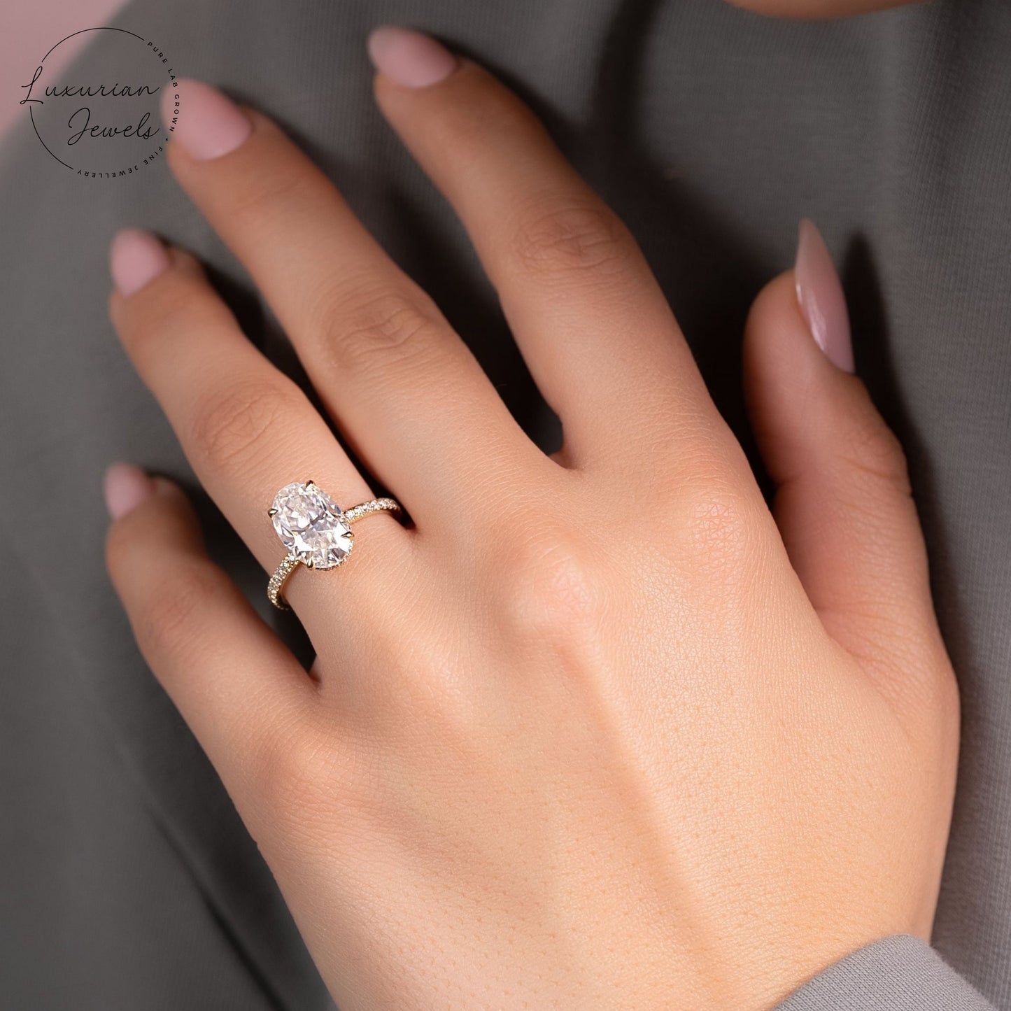 Oval Cut Hidden Halo Set Diamond Wedding Ring