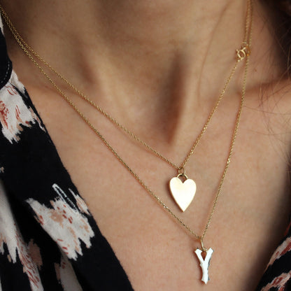 14K Solid Yellow Gold Heart Charm Necklace