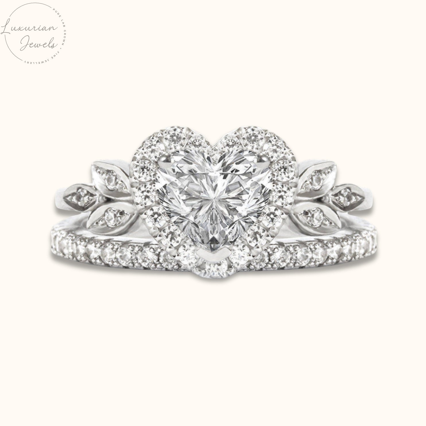 18K Heart Shape Leaf Style Bridal Ring Set