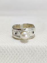 Cultured White Pearl With Black Diamond Sterling Silver Ring
