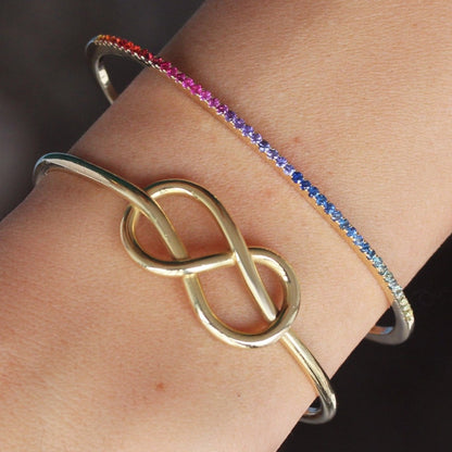 10k Gold Rainbow Gemstones Thin Cuff Bangle Bracelet